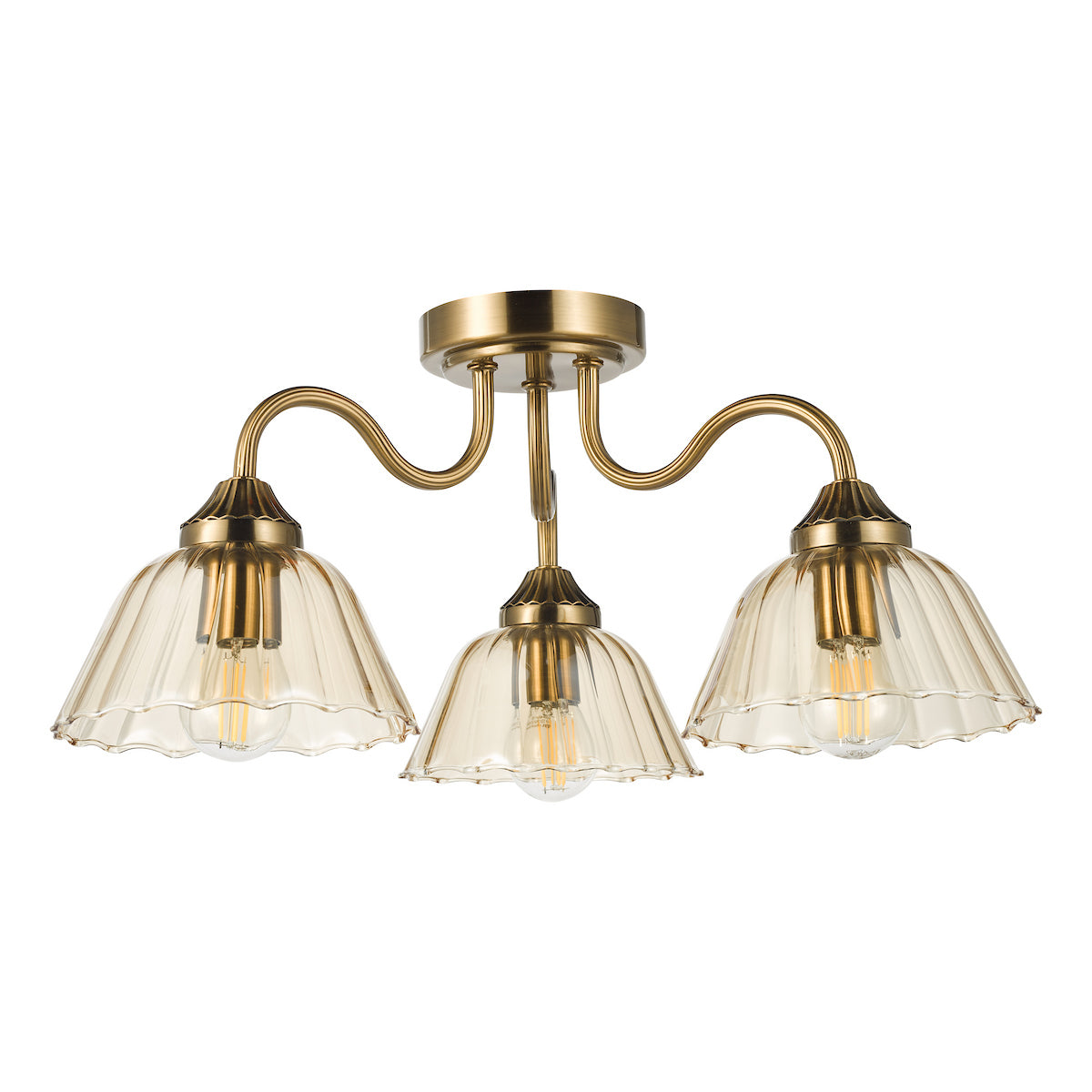 Dar Erika 3 Light Semi-Flush Antique Bronze and Amber Glass