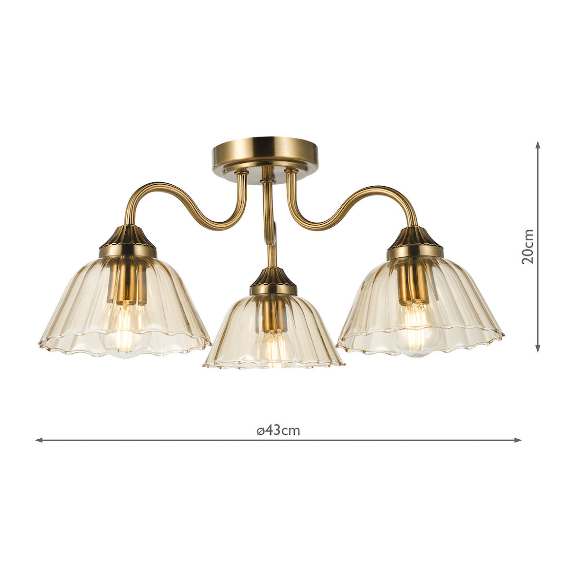 Dar Erika 3 Light Semi-Flush Antique Bronze and Amber Glass