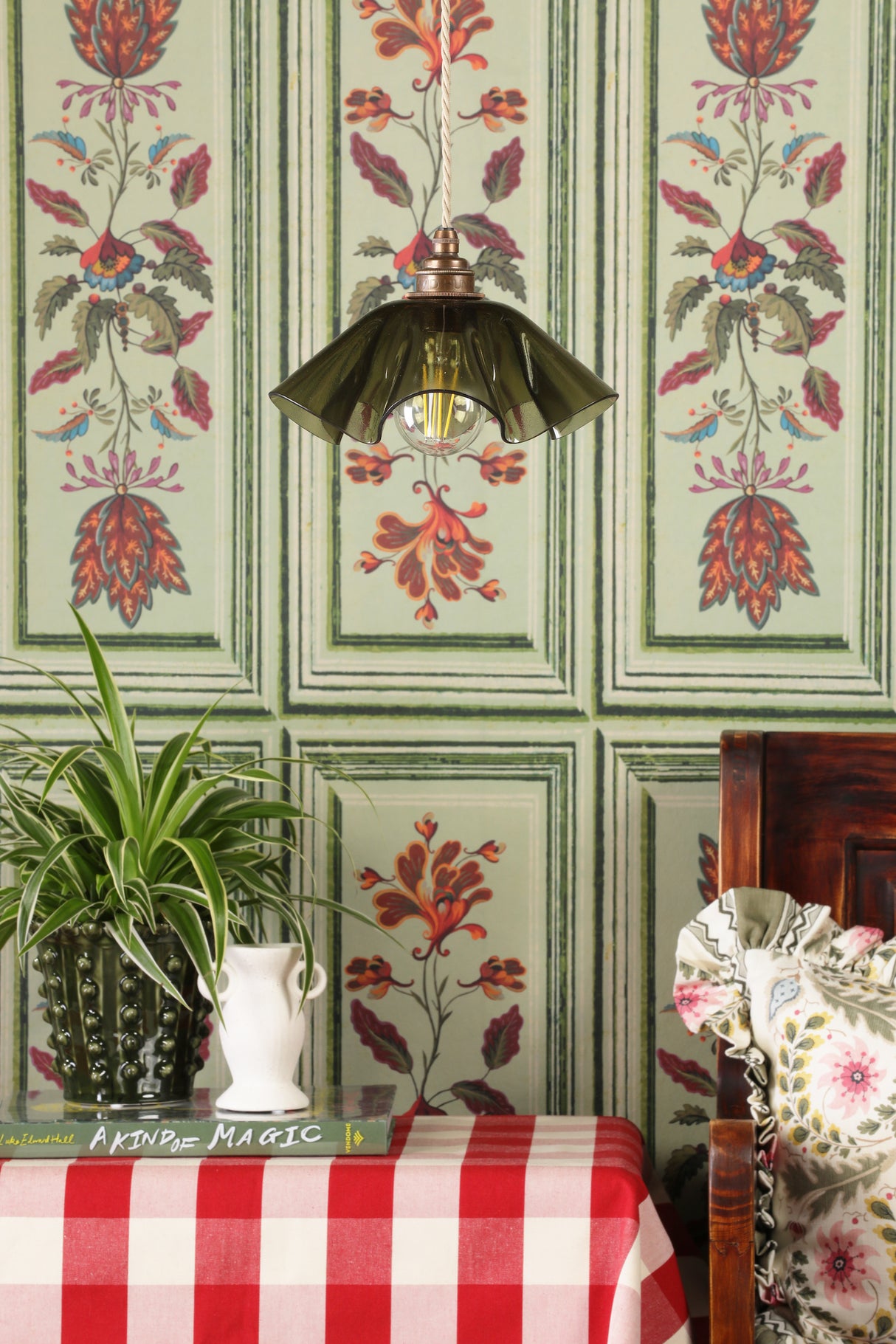 David Hunt Ethel Pendant Moss Green Glass and Antique Brass