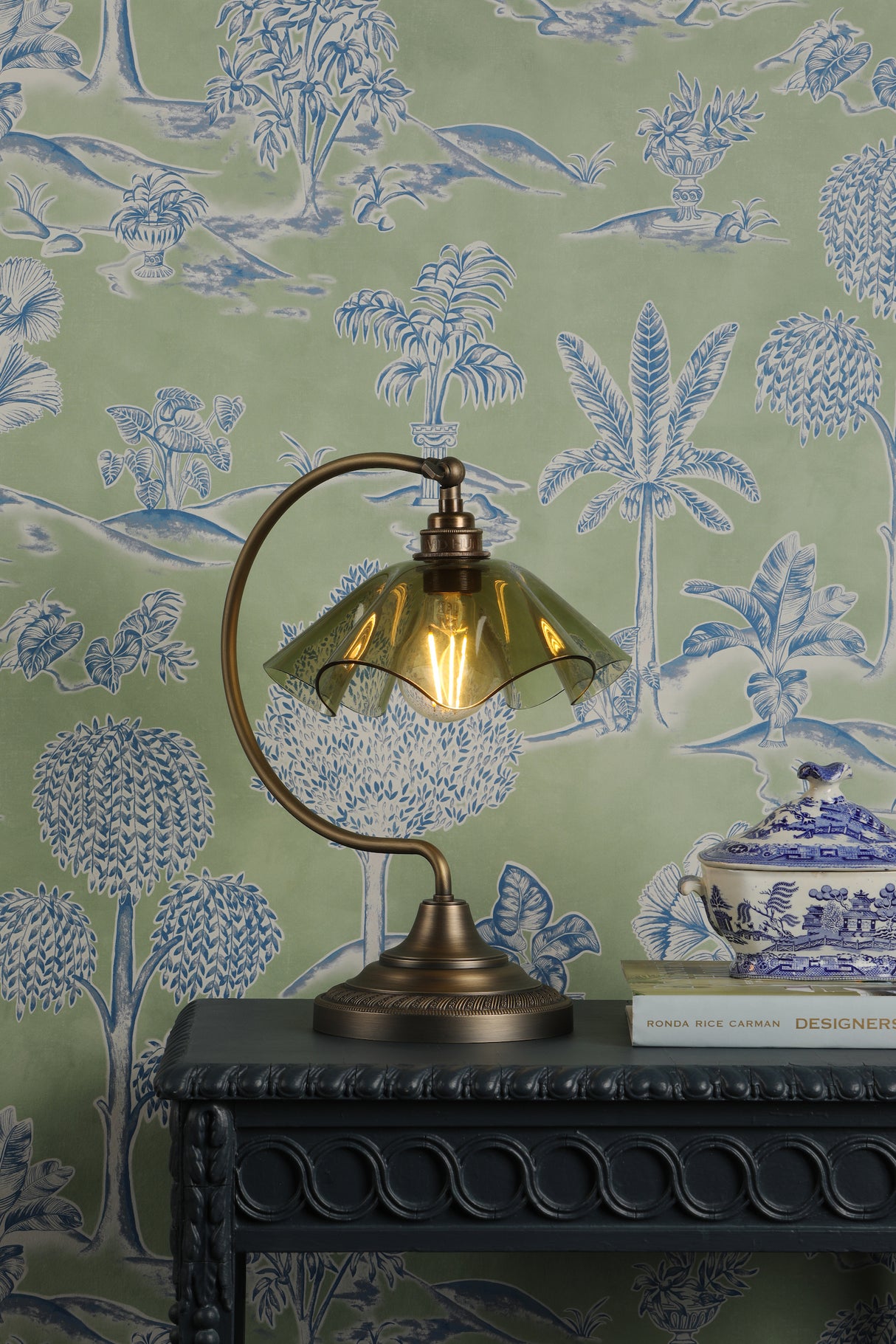 David Hunt Ethel Table Lamp Moss Glass and Antique Brass