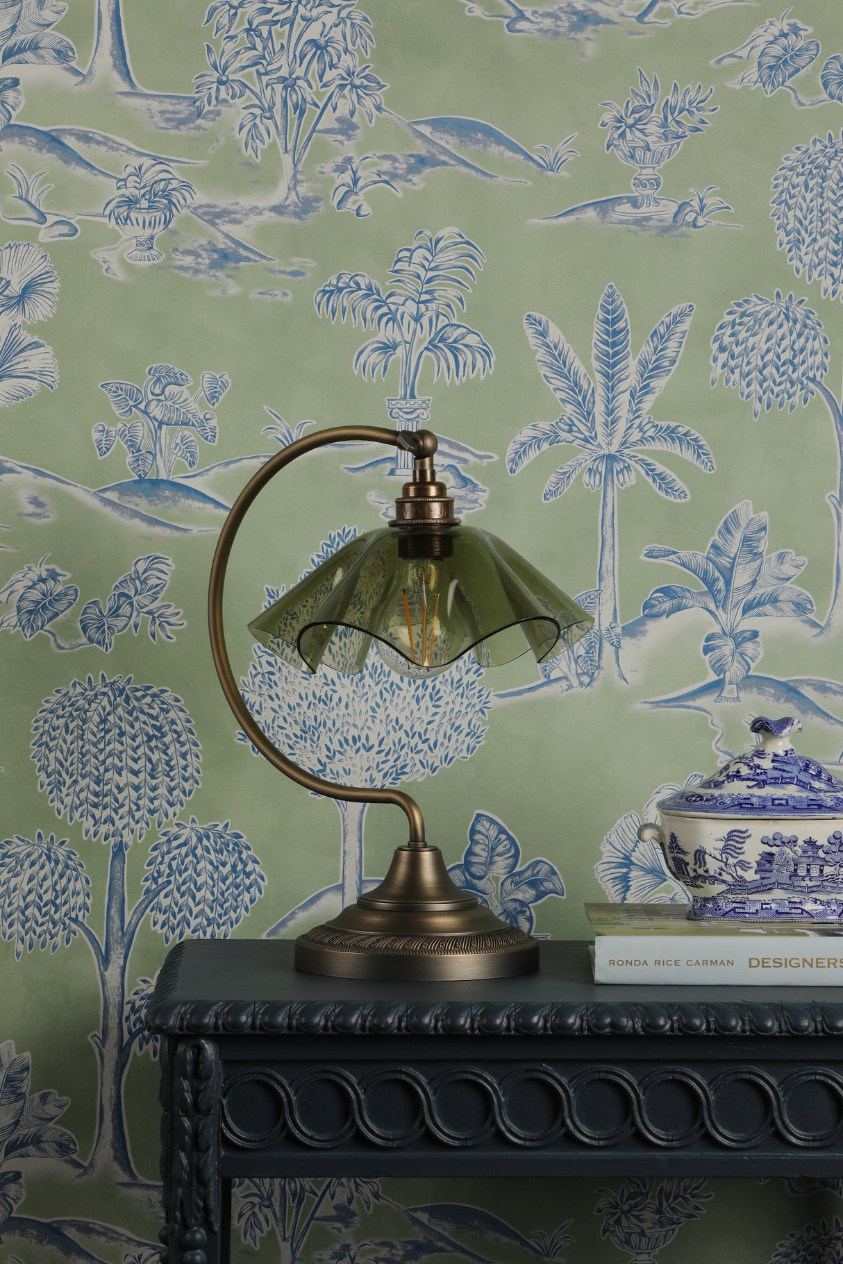 David Hunt Ethel Table Lamp Moss Glass and Antique Brass