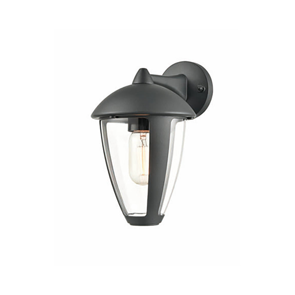 modern black outdoor wall lantern with clear glass and vintage bulb