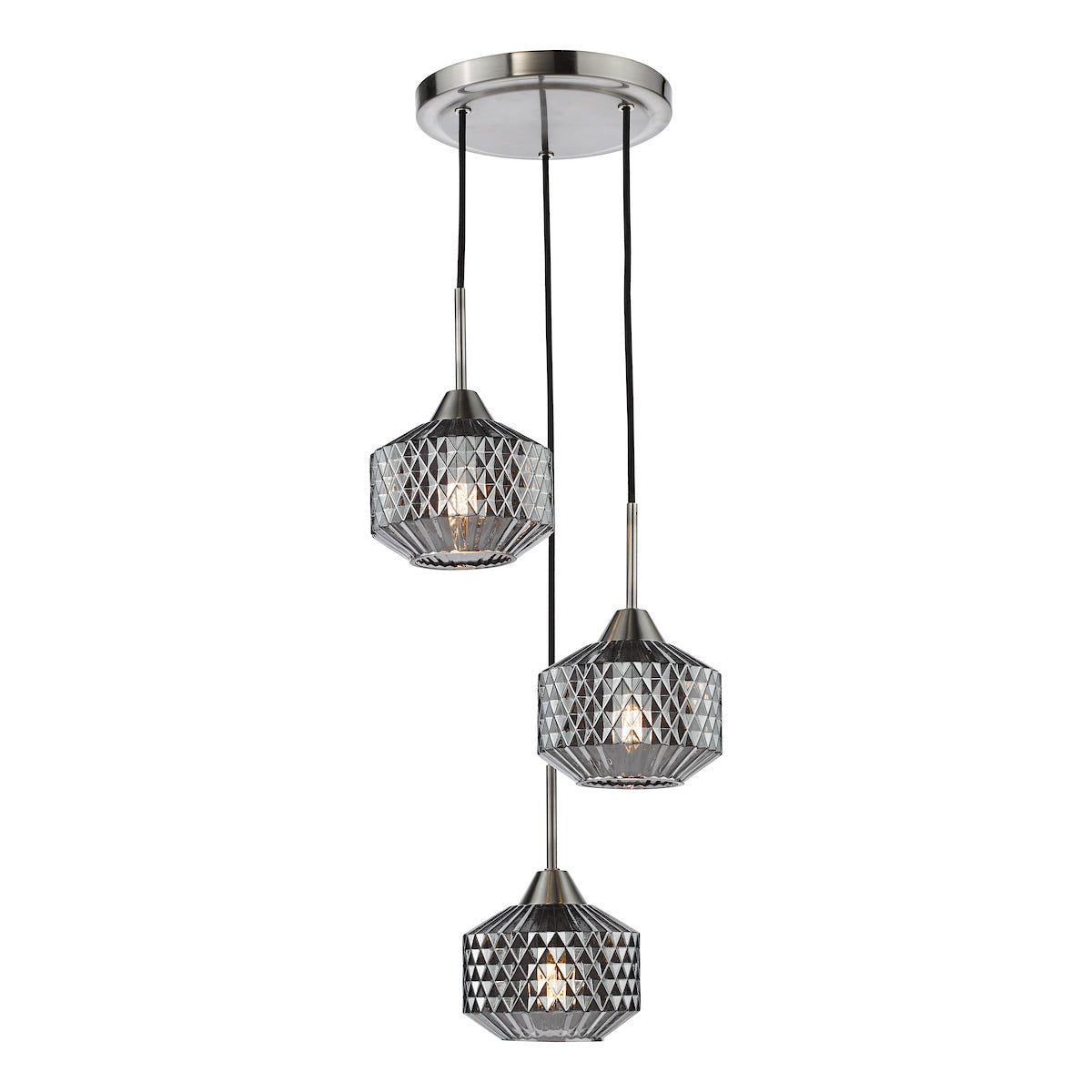 Dar Fabrienne 3 Light Cluster Pendant Satin Nickel and Smoked Glass