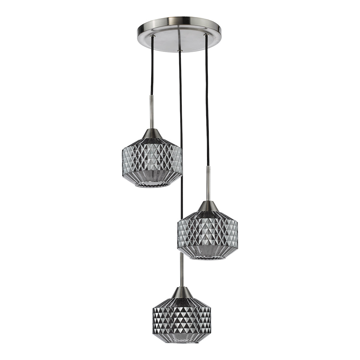 Dar Fabrienne 3 Light Cluster Pendant Satin Nickel and Smoked Glass