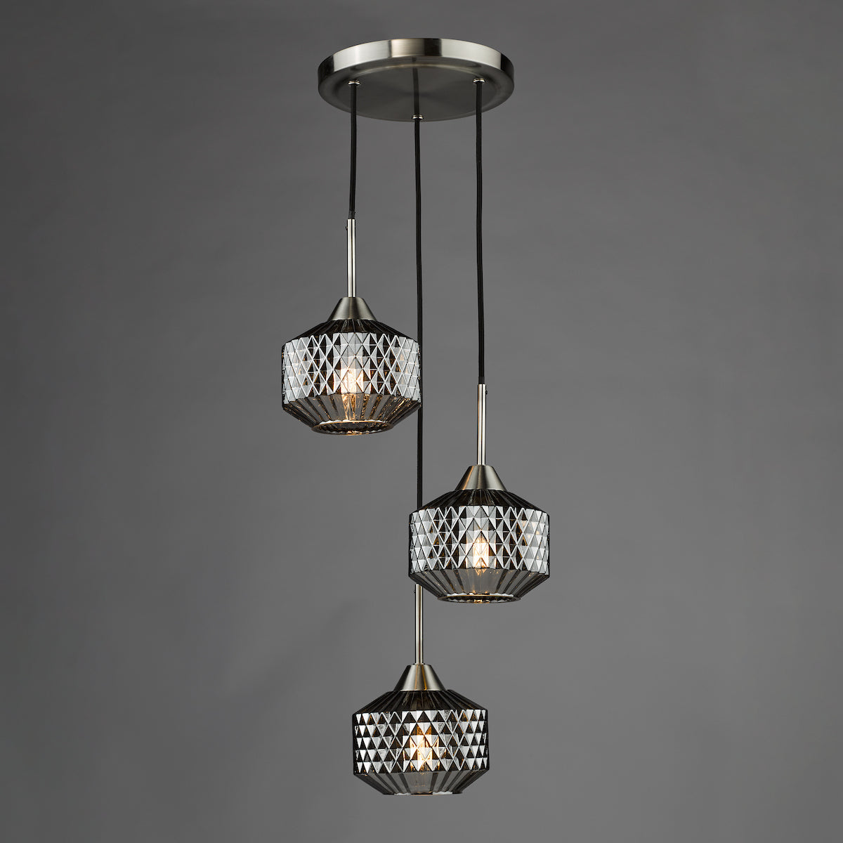 Dar Fabrienne 3 Light Cluster Pendant Satin Nickel and Smoked Glass