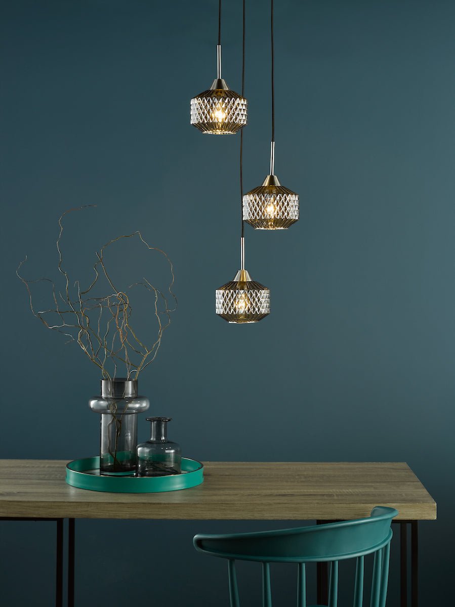 Dar Fabrienne 3 Light Cluster Pendant Satin Nickel and Smoked Glass