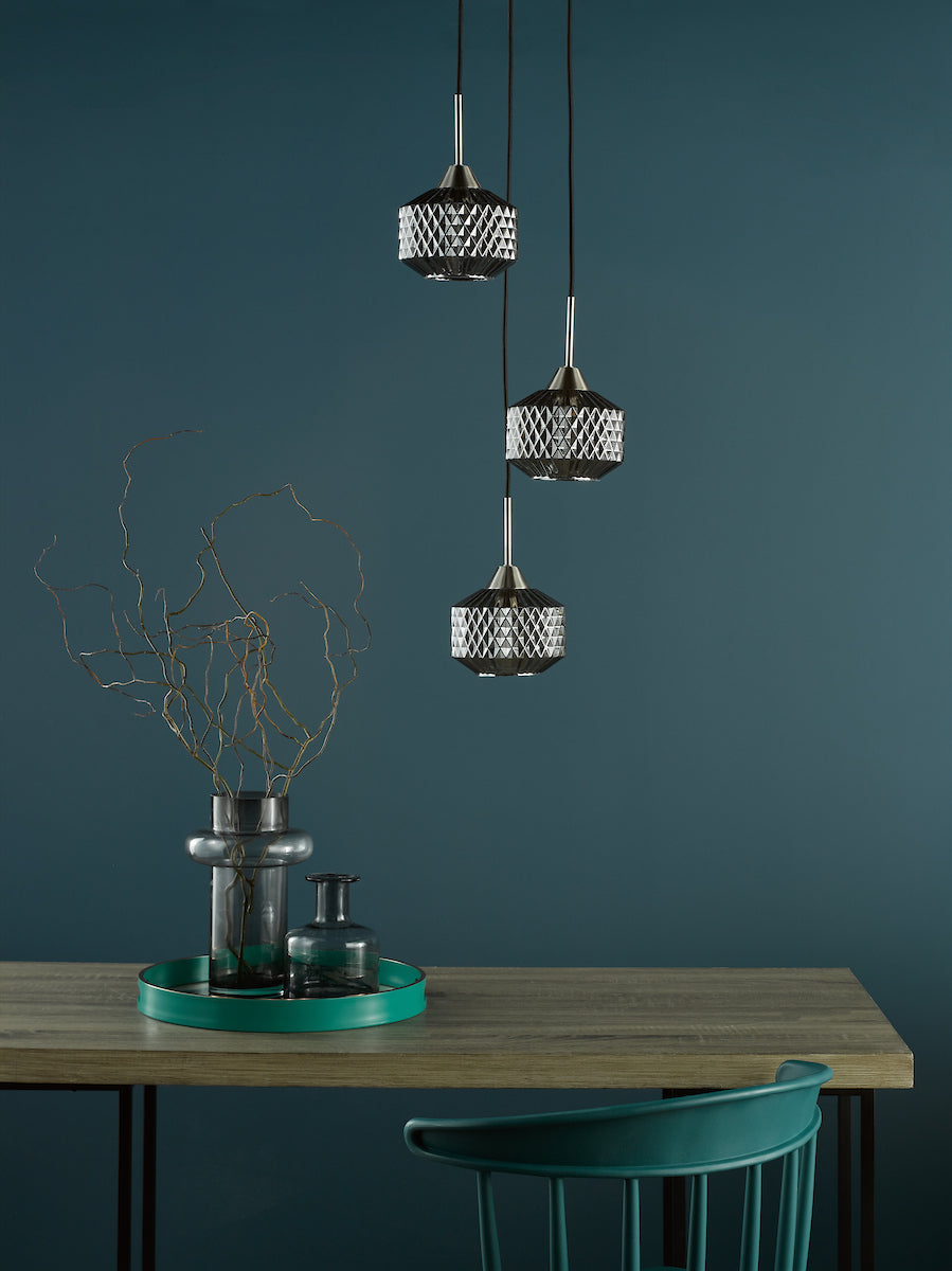 Dar Fabrienne 3 Light Cluster Pendant Satin Nickel and Smoked Glass