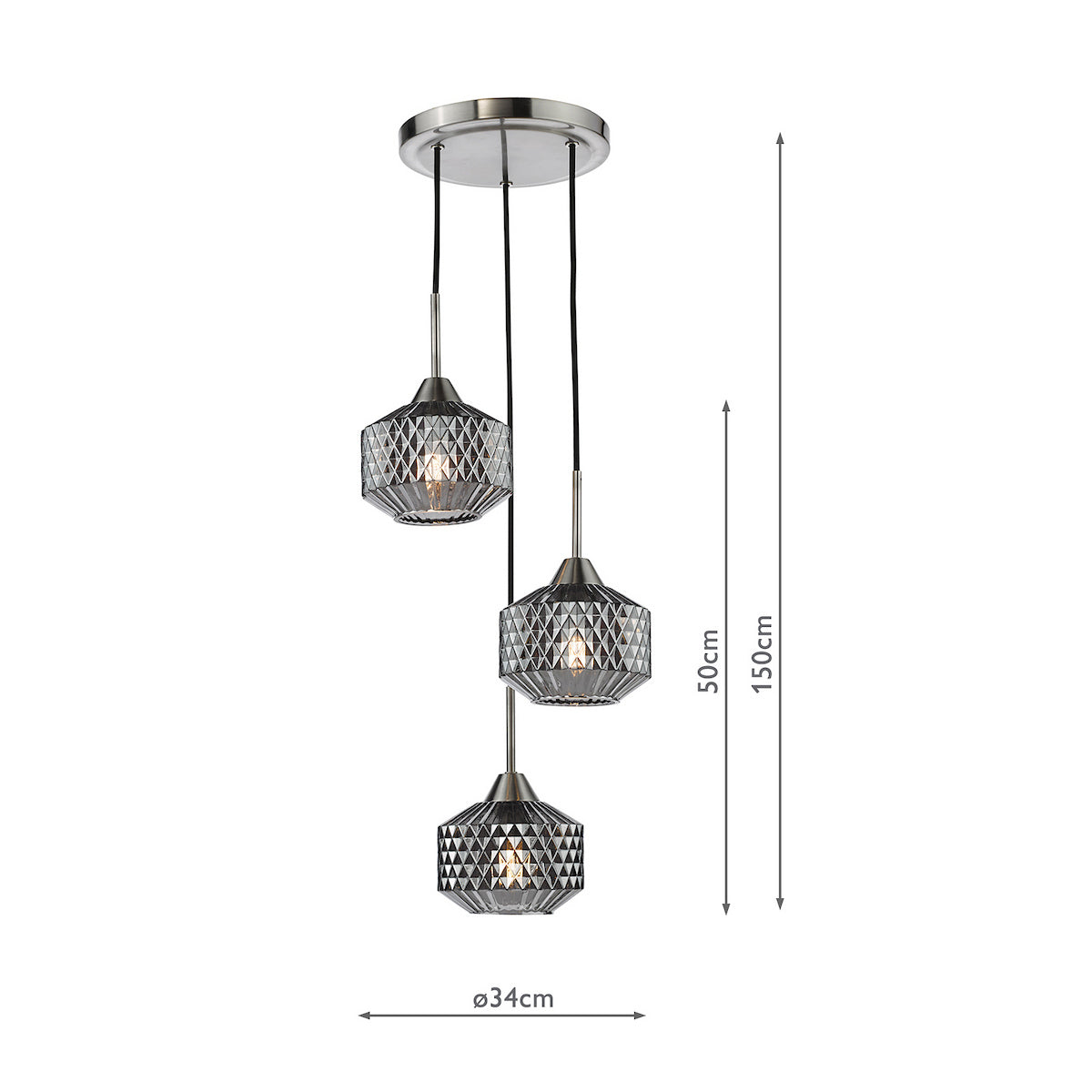 Dar Fabrienne 3 Light Cluster Pendant Satin Nickel and Smoked Glass
