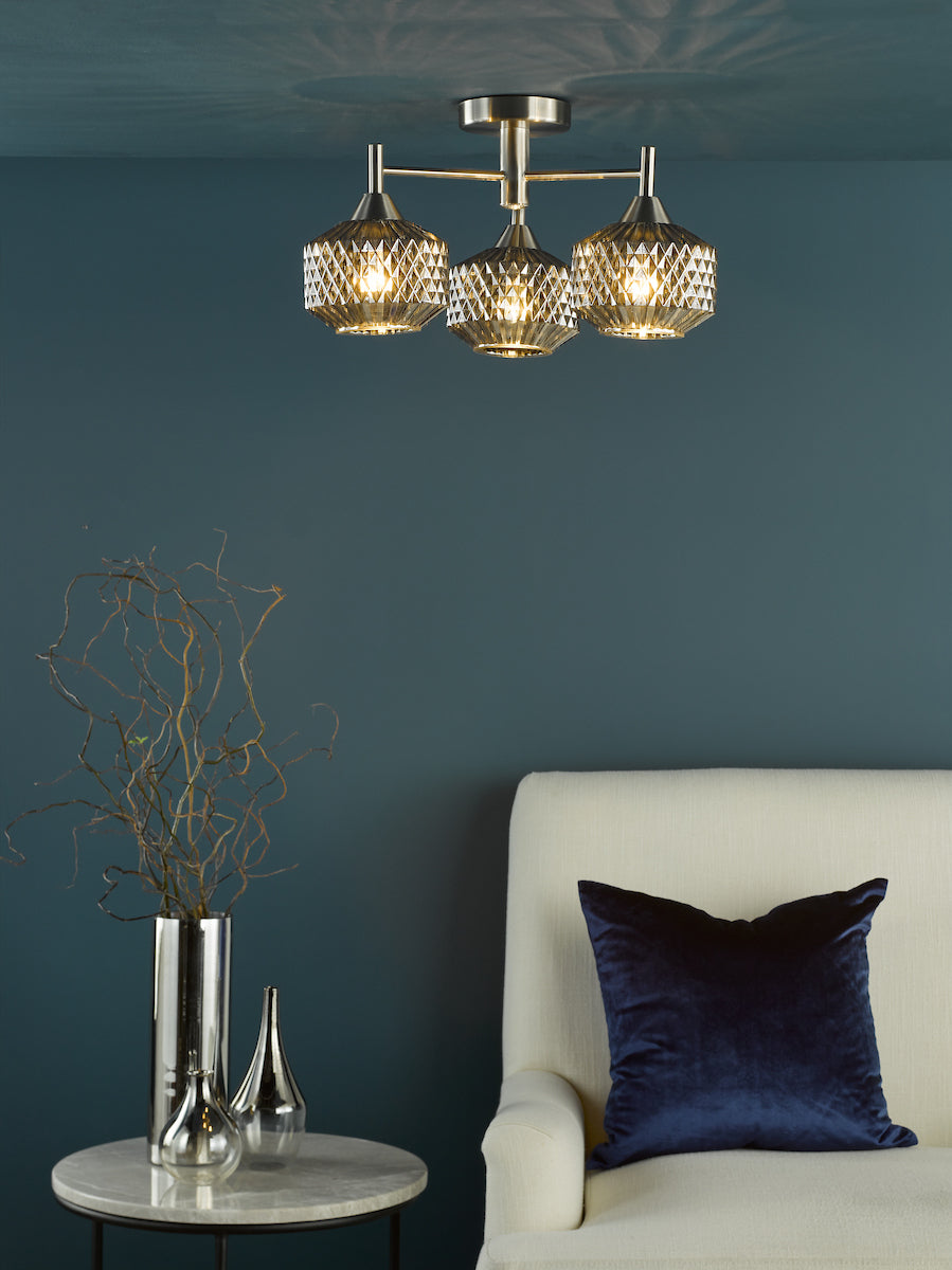 Dar Fabrienne 3 Light Semi-Flush Satin Nickel and Smoked Glass