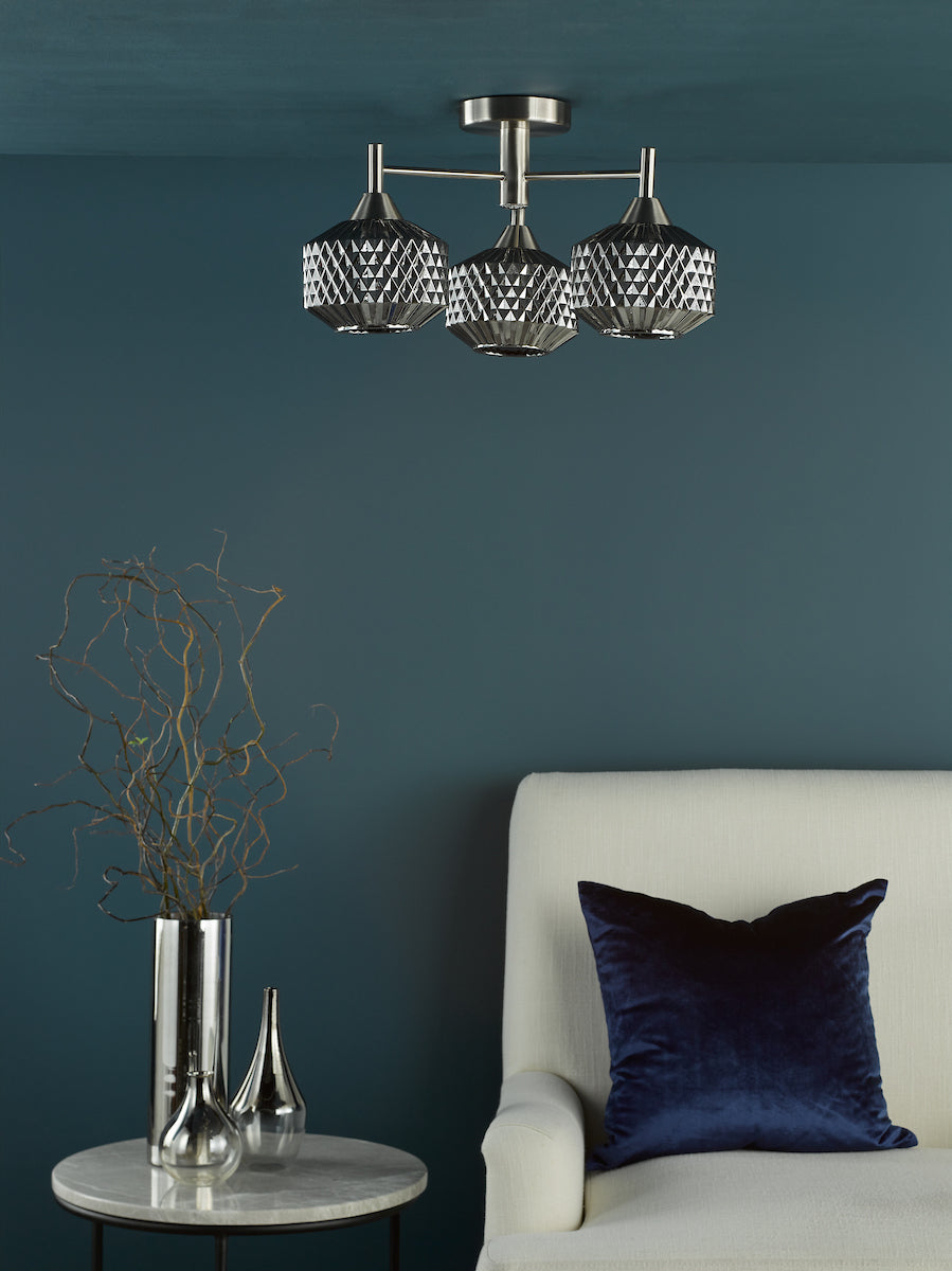 Dar Fabrienne 3 Light Semi-Flush Satin Nickel and Smoked Glass