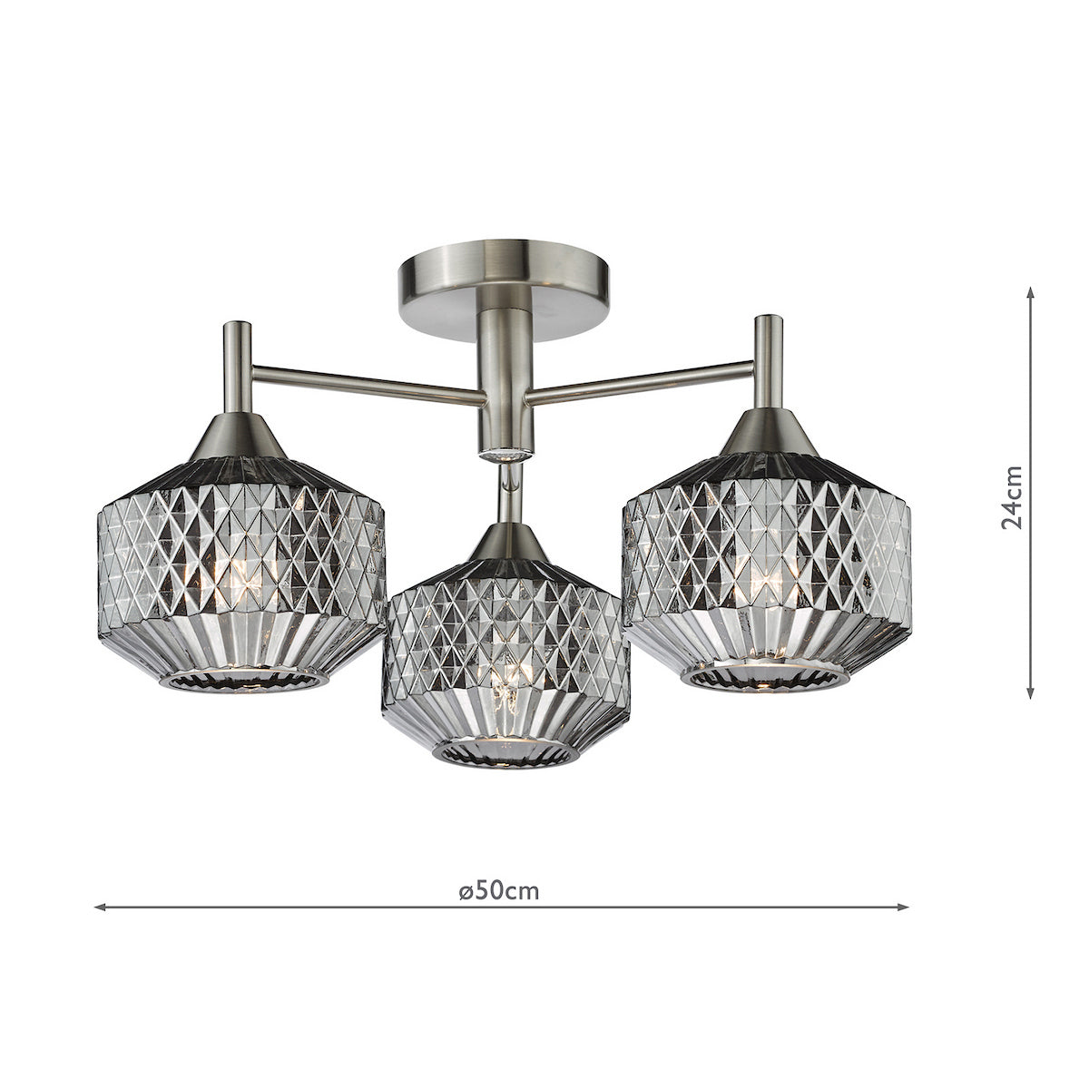 Dar Fabrienne 3 Light Semi-Flush Satin Nickel and Smoked Glass