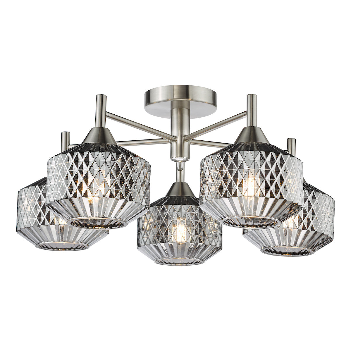 Dar Fabrienne 5 Light Semi-Flush Satin Nickel and Smoked Glass