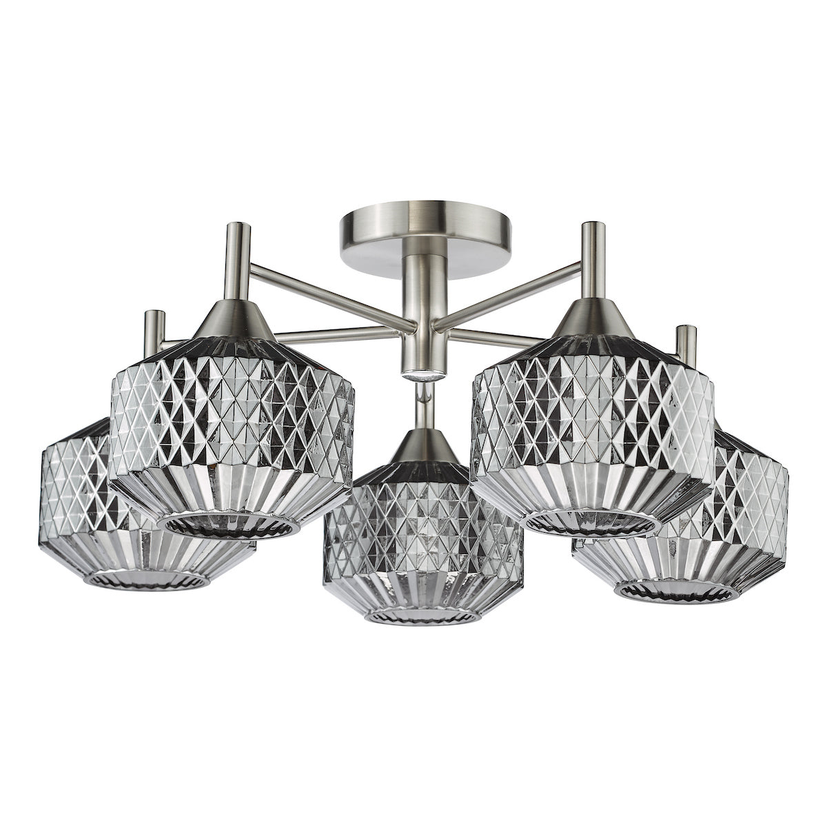 Dar Fabrienne 5 Light Semi-Flush Satin Nickel and Smoked Glass