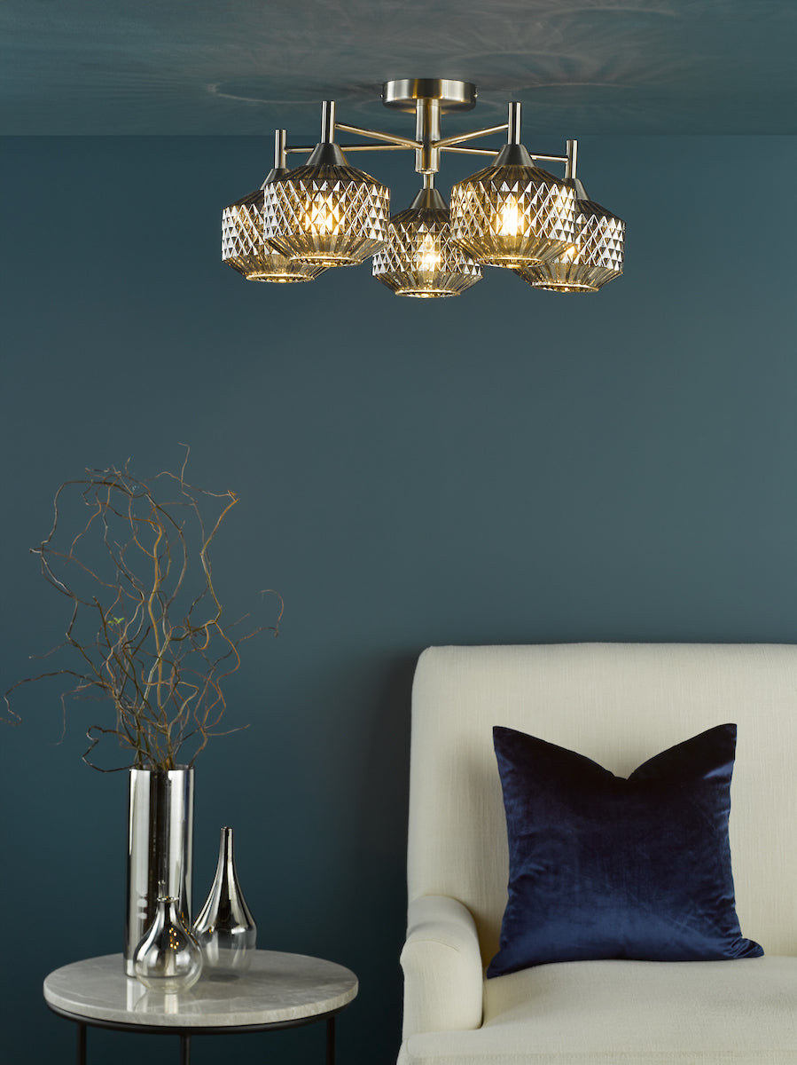 Dar Fabrienne 5 Light Semi-Flush Satin Nickel and Smoked Glass