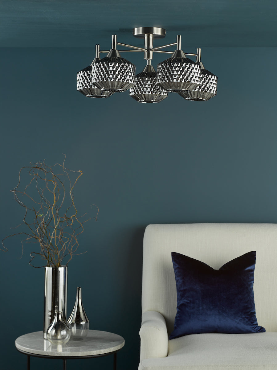 Dar Fabrienne 5 Light Semi-Flush Satin Nickel and Smoked Glass
