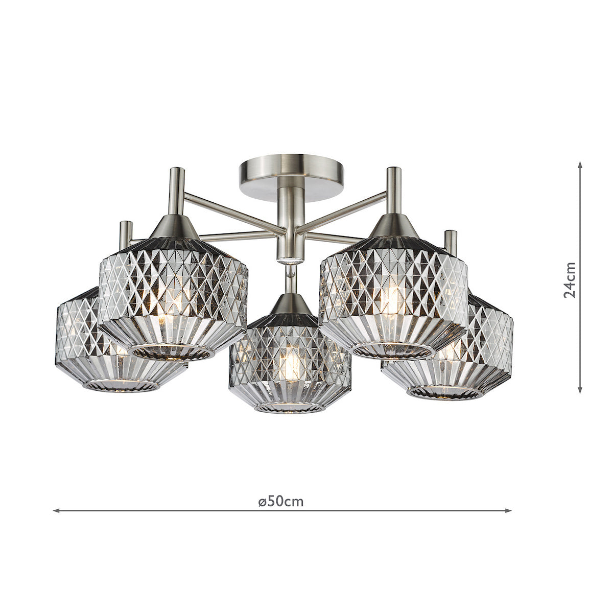 Dar Fabrienne 5 Light Semi-Flush Satin Nickel and Smoked Glass