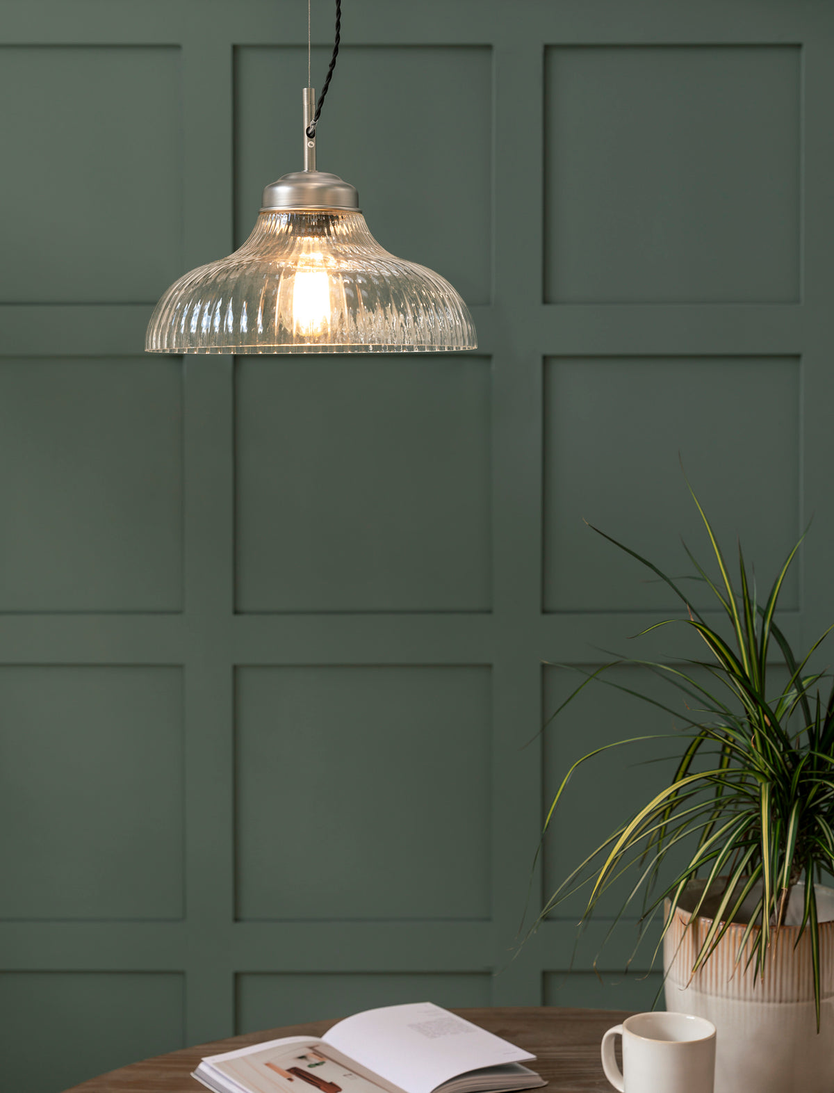 Garden Trading Fovant Fluted Glass Pendant Light Satin Nickel Finish