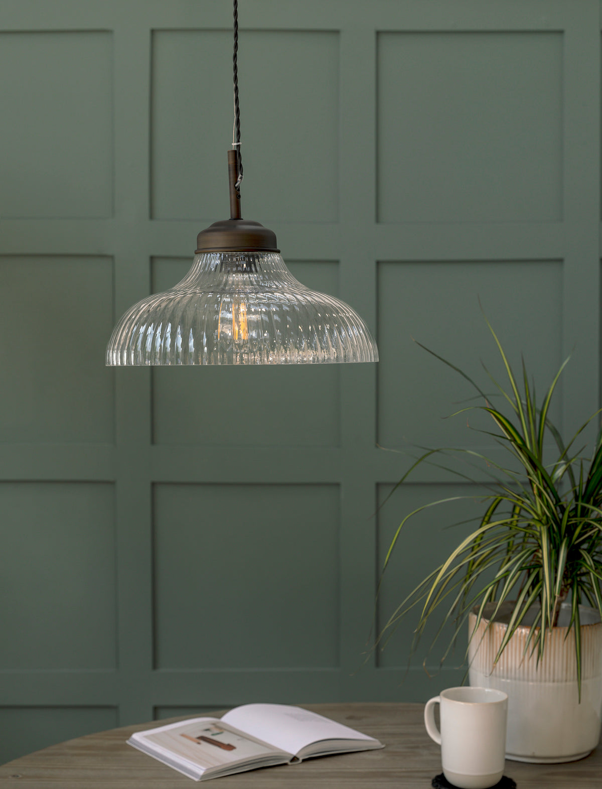 Garden Trading Fovant Fluted Glass Pendant Light Antique Bronze Finish