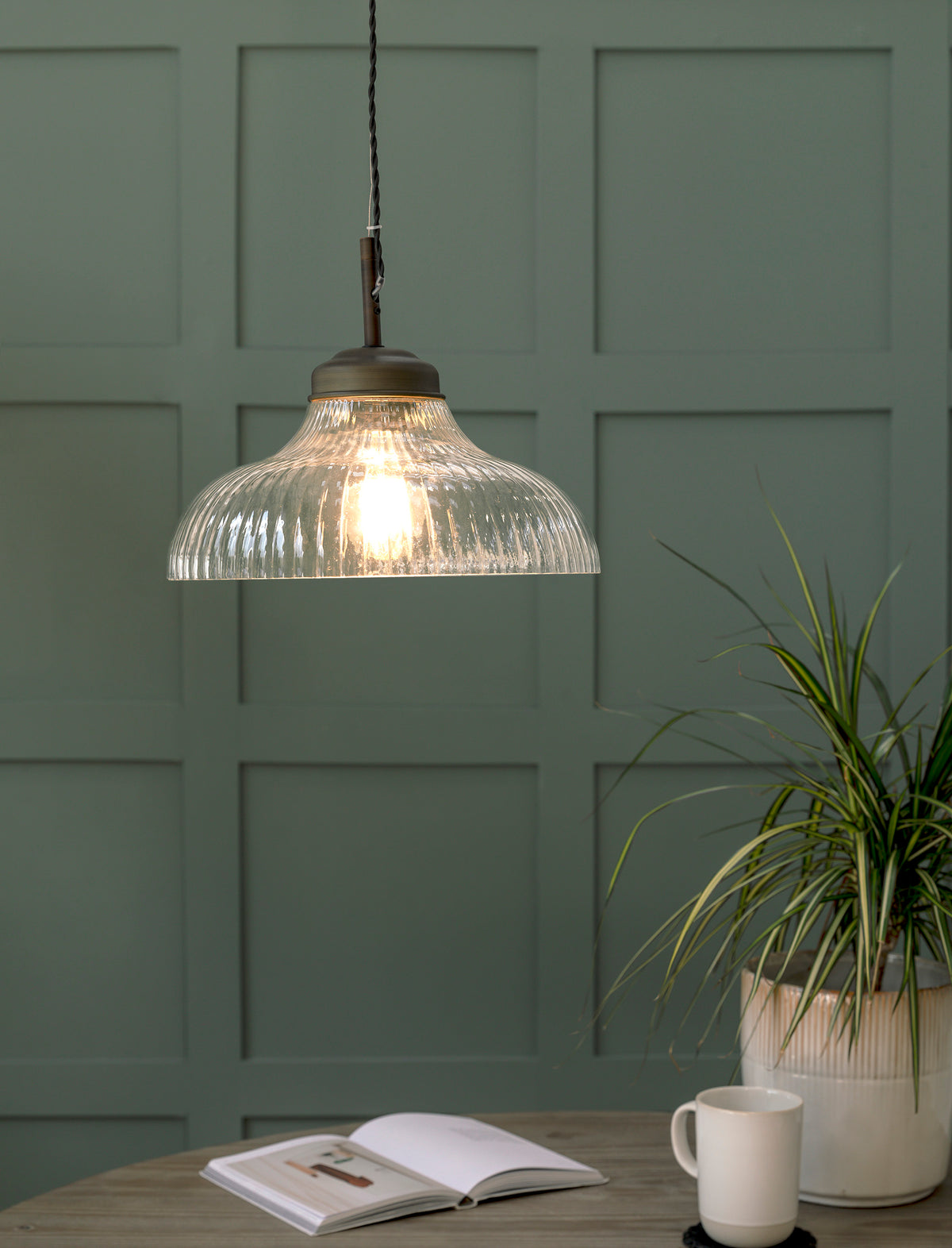Garden Trading Fovant Fluted Glass Pendant Light Antique Bronze Finish