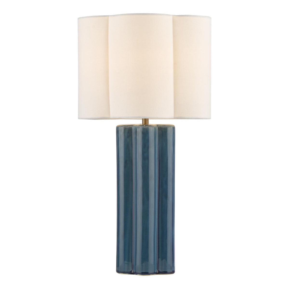 Dar Fiyan Table Lamp Blue Ceramic and Antique Brass With Scallop LInen Shade