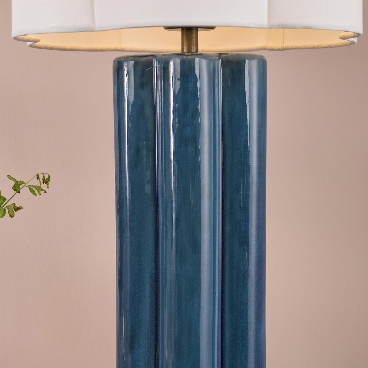 Dar Fiyan Table Lamp Blue Ceramic and Antique Brass With Scallop LInen Shade