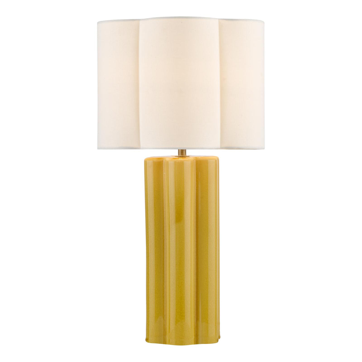 Dar Fiyan Table Lamp Yellow Ceramic and Antique Brass With Scallop LInen Shade