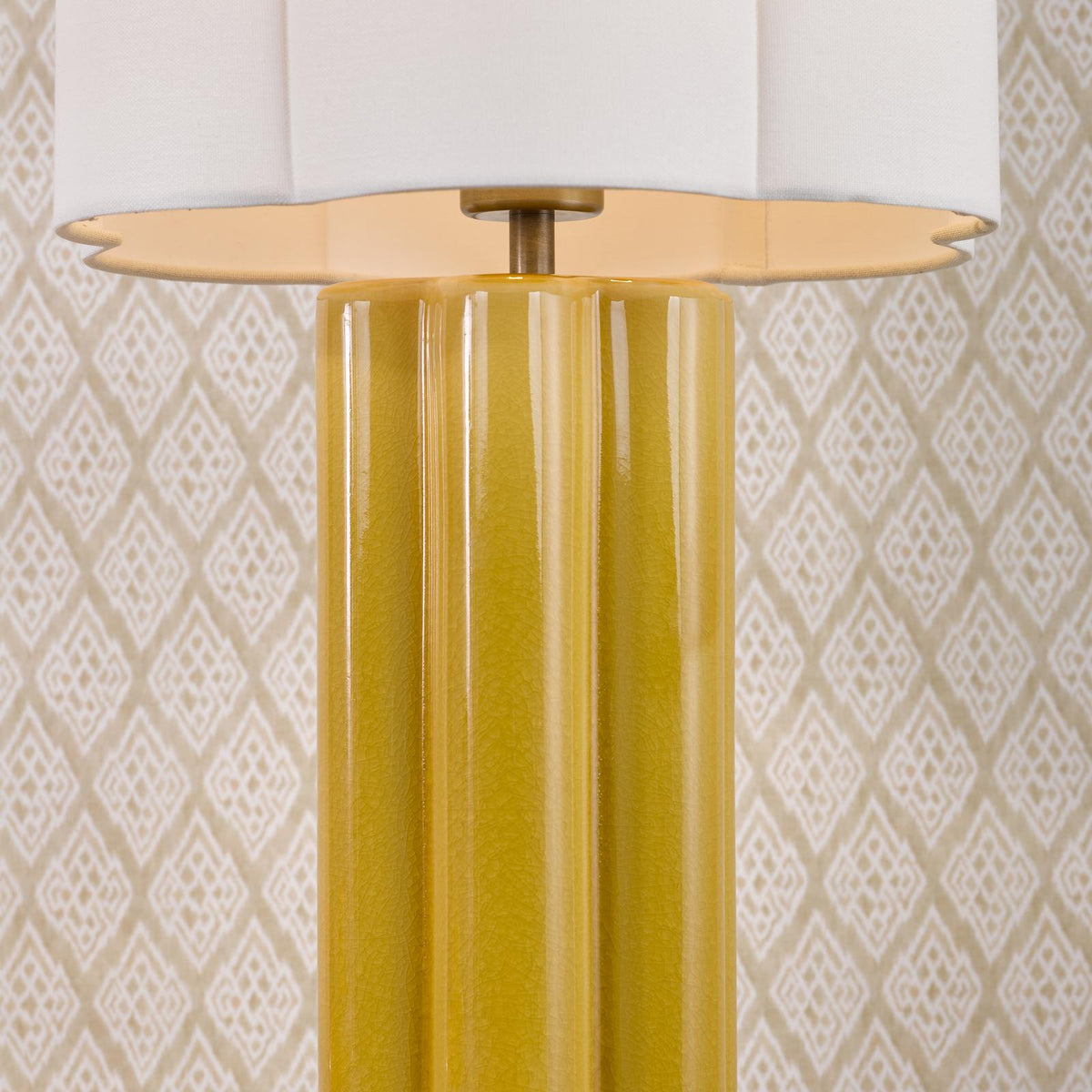 Dar Fiyan Table Lamp Yellow Ceramic and Antique Brass With Scallop LInen Shade