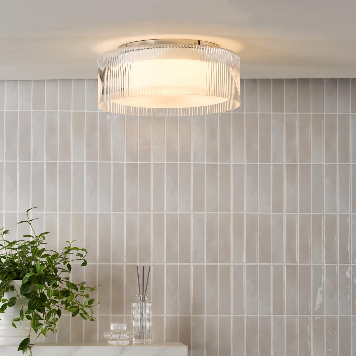 Dar Geryon 3 Light Bathroom Ceiling Light Polished Chrome and Ribbed Glass IP44