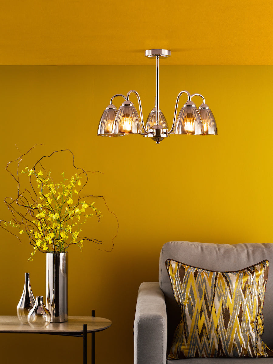 Dar Glynis 5 Light Semi-Flush Polished Nickel and Smoke