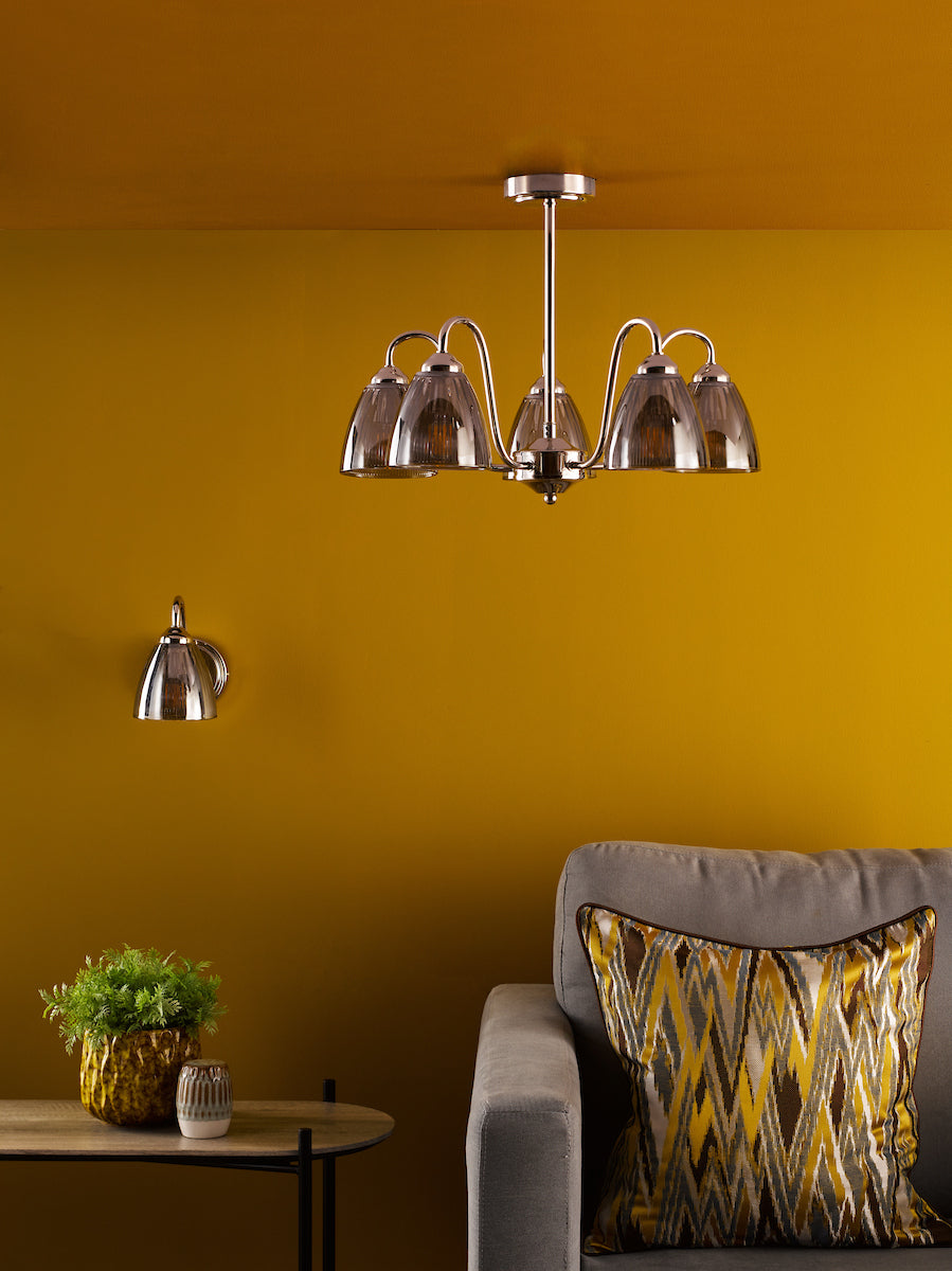 Dar Glynis 5 Light Semi-Flush Polished Nickel and Smoke