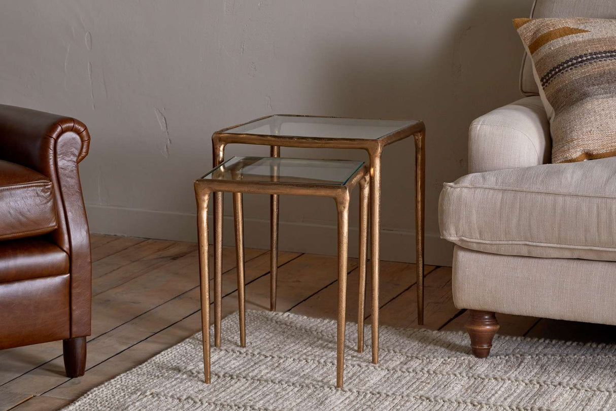 Nkuku Gilasi Cast Metal & Glass Nesting Side Tables Antique Brass (Set of 2)