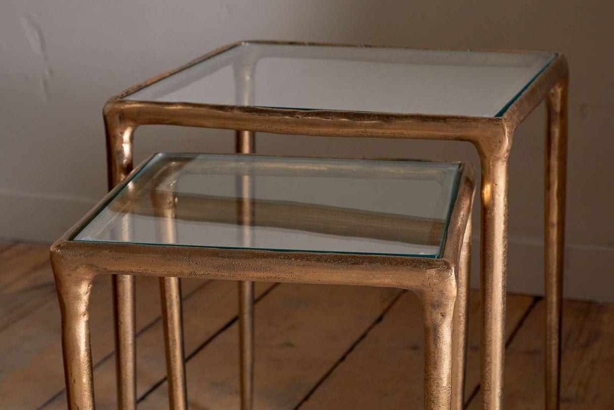Nkuku Gilasi Cast Metal & Glass Nesting Side Tables Antique Brass (Set of 2)