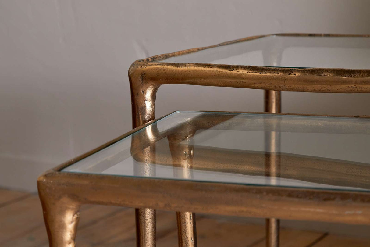 Nkuku Gilasi Cast Metal & Glass Nesting Side Tables Antique Brass (Set of 2)