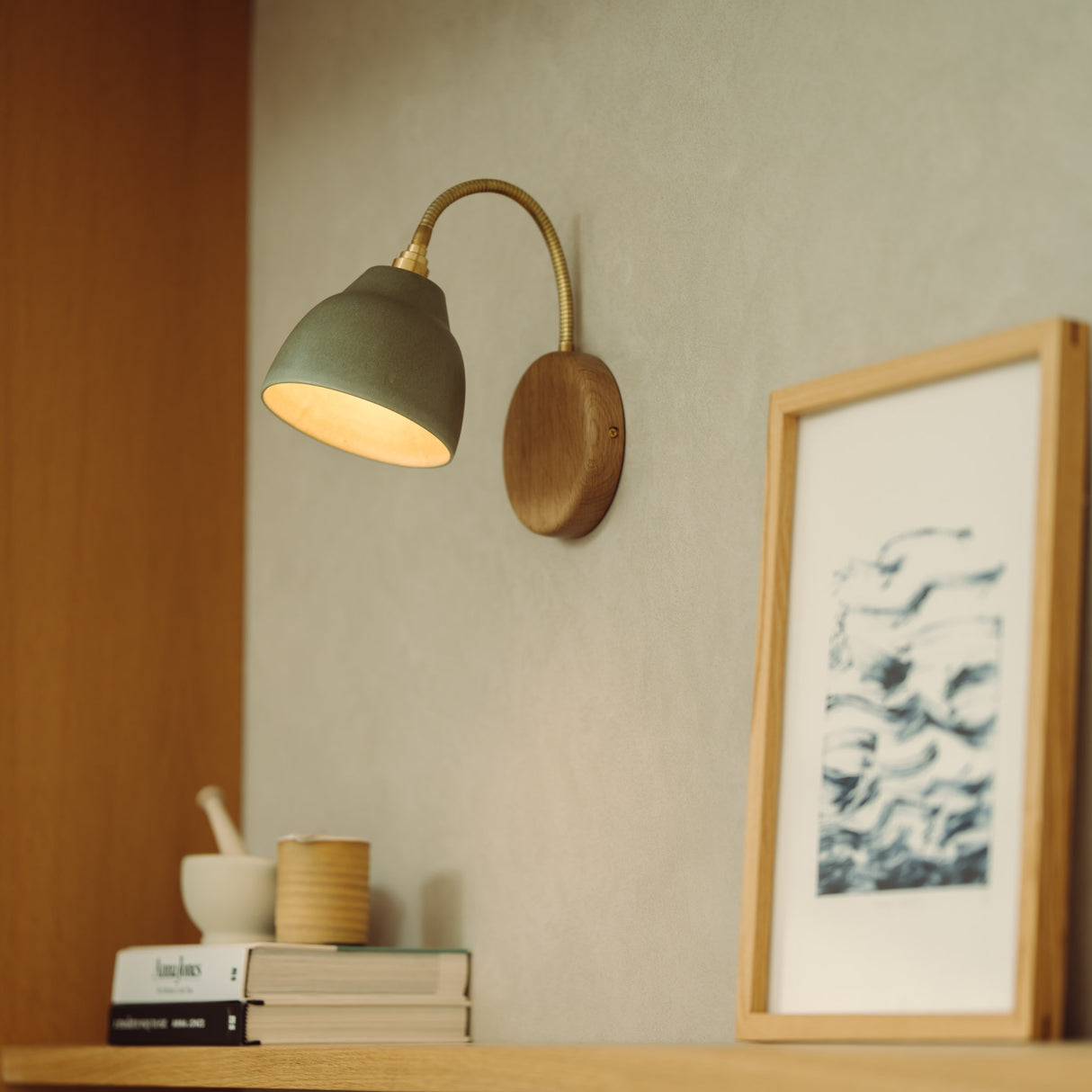 Studio Haran Flex Wall Light in Brass/Nickel, Ceramic and Oak