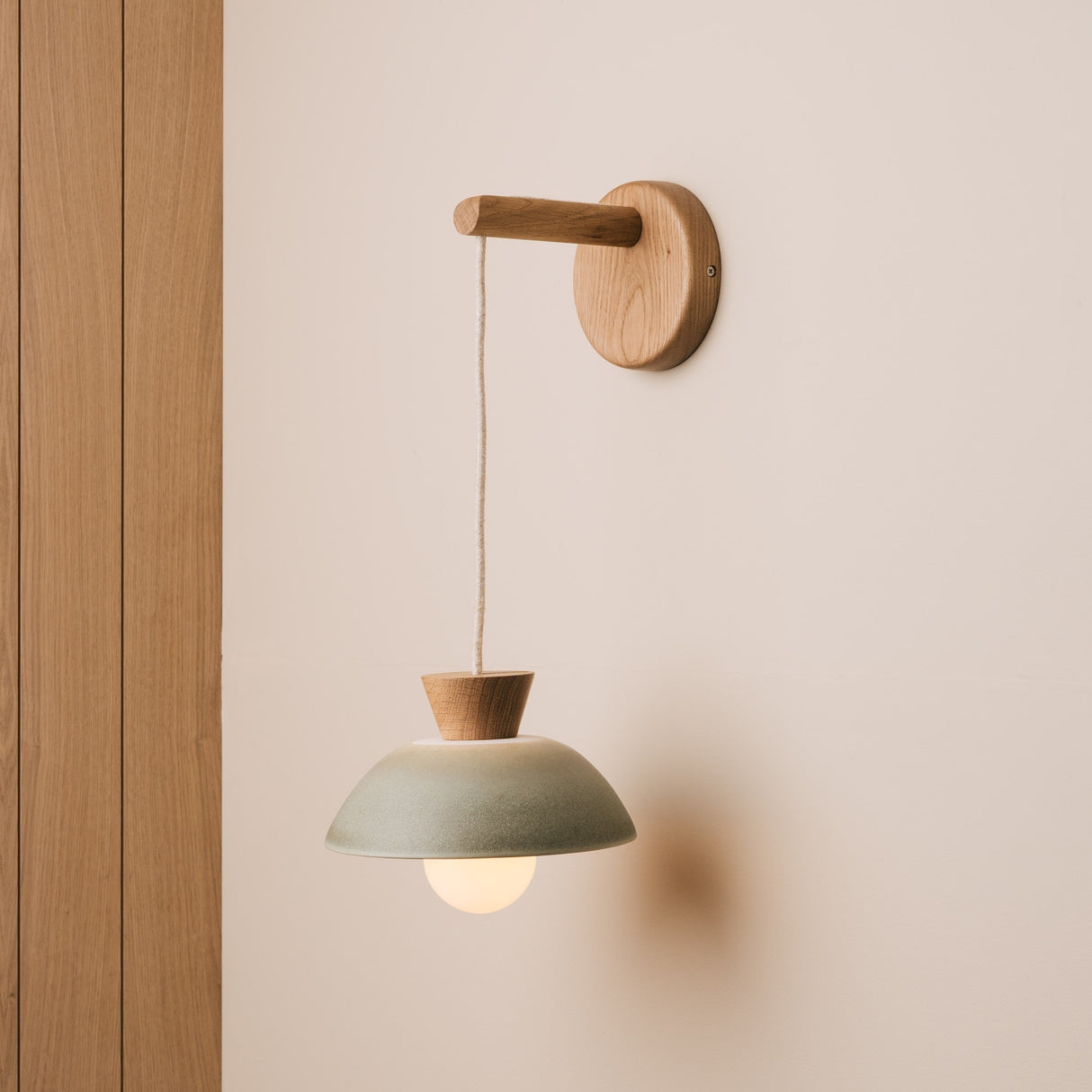Studio Haran Small Dawn Hanging Wall Light in Ceramic and Oak