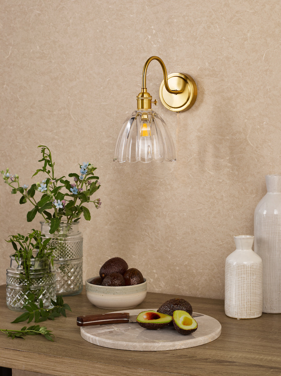 Dar Hadano Wall Light Natural Brass and Scalloped Bell Glass