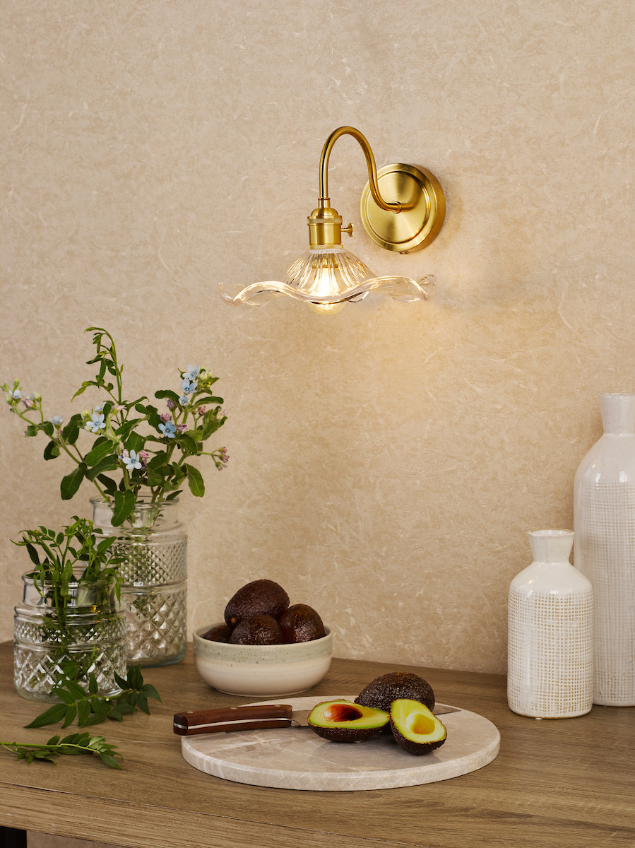 Dar Hadano Wall Light Natural Brass and Wavy Glass