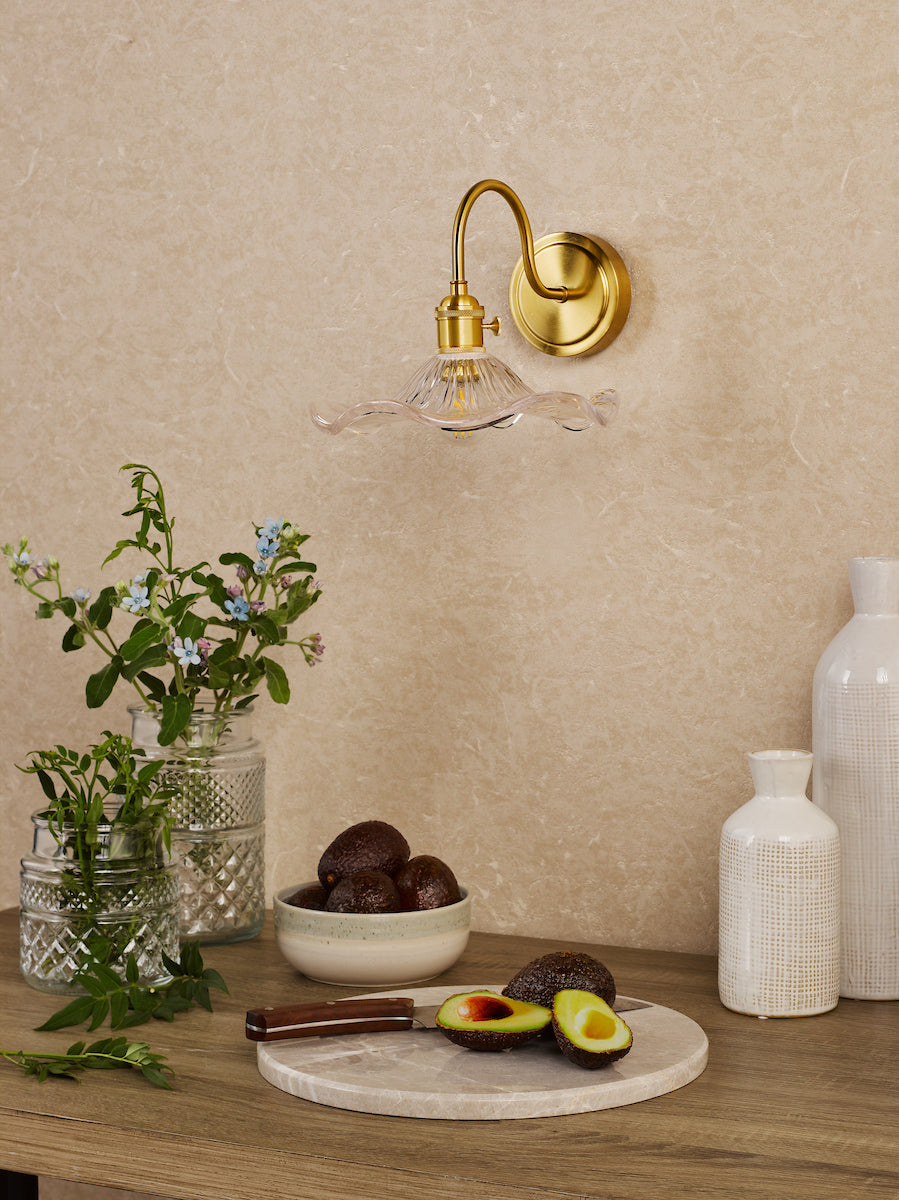 Dar Hadano Wall Light Natural Brass and Wavy Glass