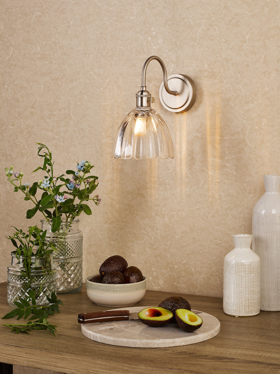 Dar Hadano Wall Light Antique Chrome and Scalloped Bell Glass