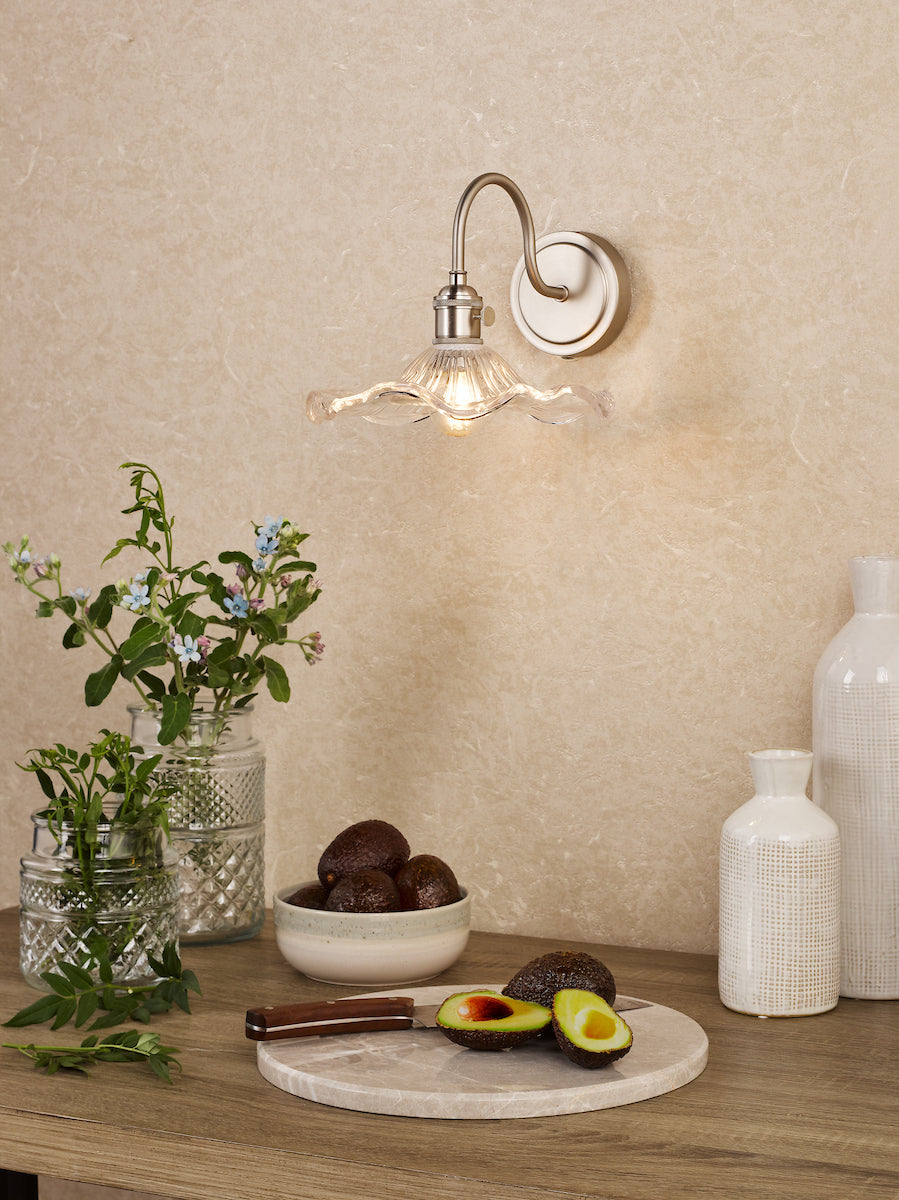 Dar Hadano Wall Light Antique Chrome and Wavy Glass