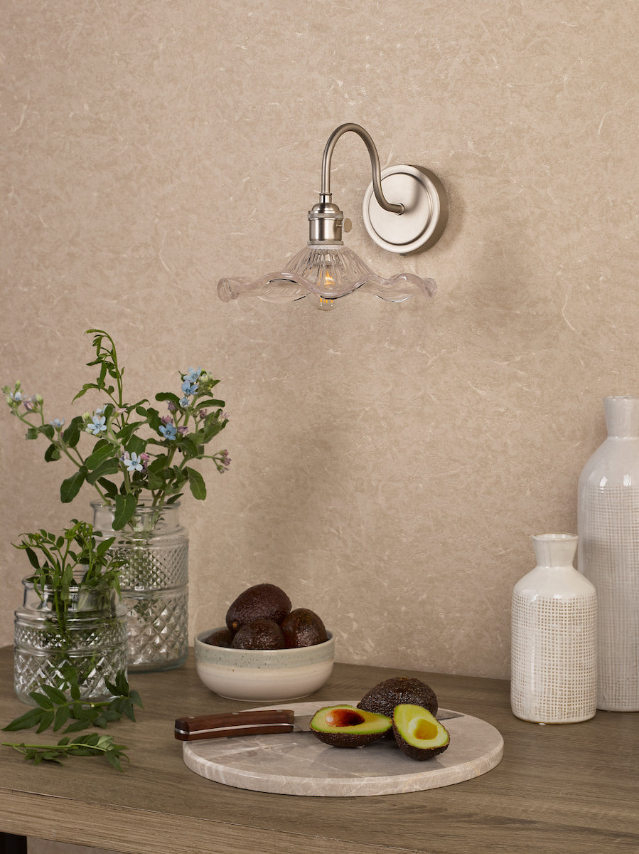 Dar Hadano Wall Light Antique Chrome and Wavy Glass