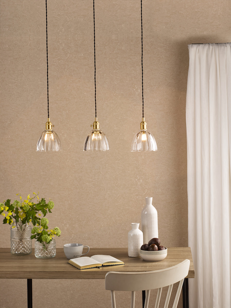 Dar Hadano 3 Light Bar Pendant Natural Brass and Scalloped Bell Glass