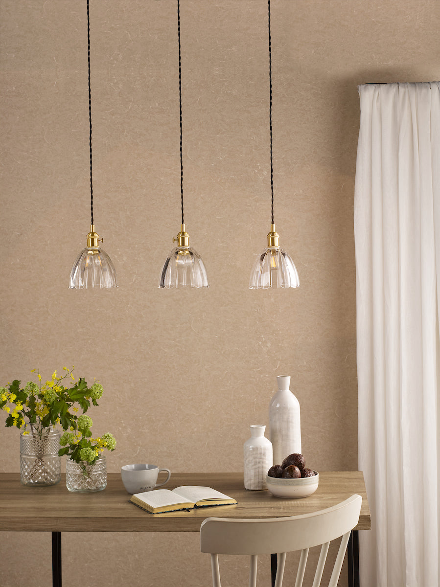 Dar Hadano 3 Light Bar Pendant Natural Brass and Scalloped Bell Glass