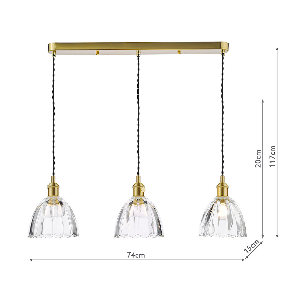 Dar Hadano 3 Light Bar Pendant Natural Brass and Scalloped Bell Glass