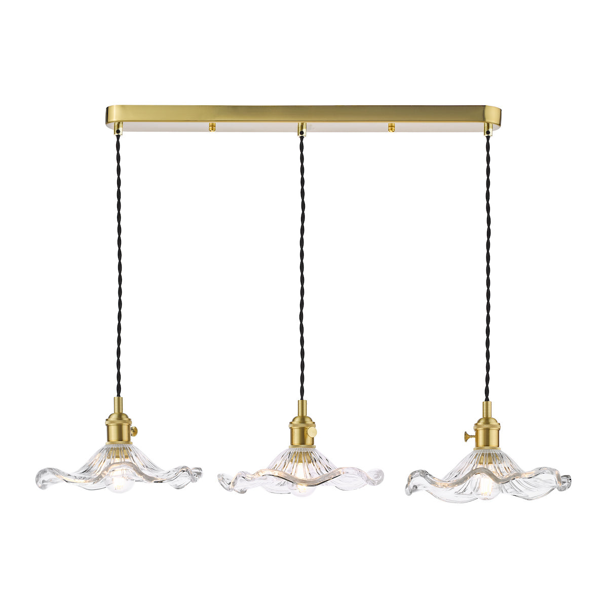 Dar Hadano 3 Light Bar Pendant Natural Brass and Wavy Glass