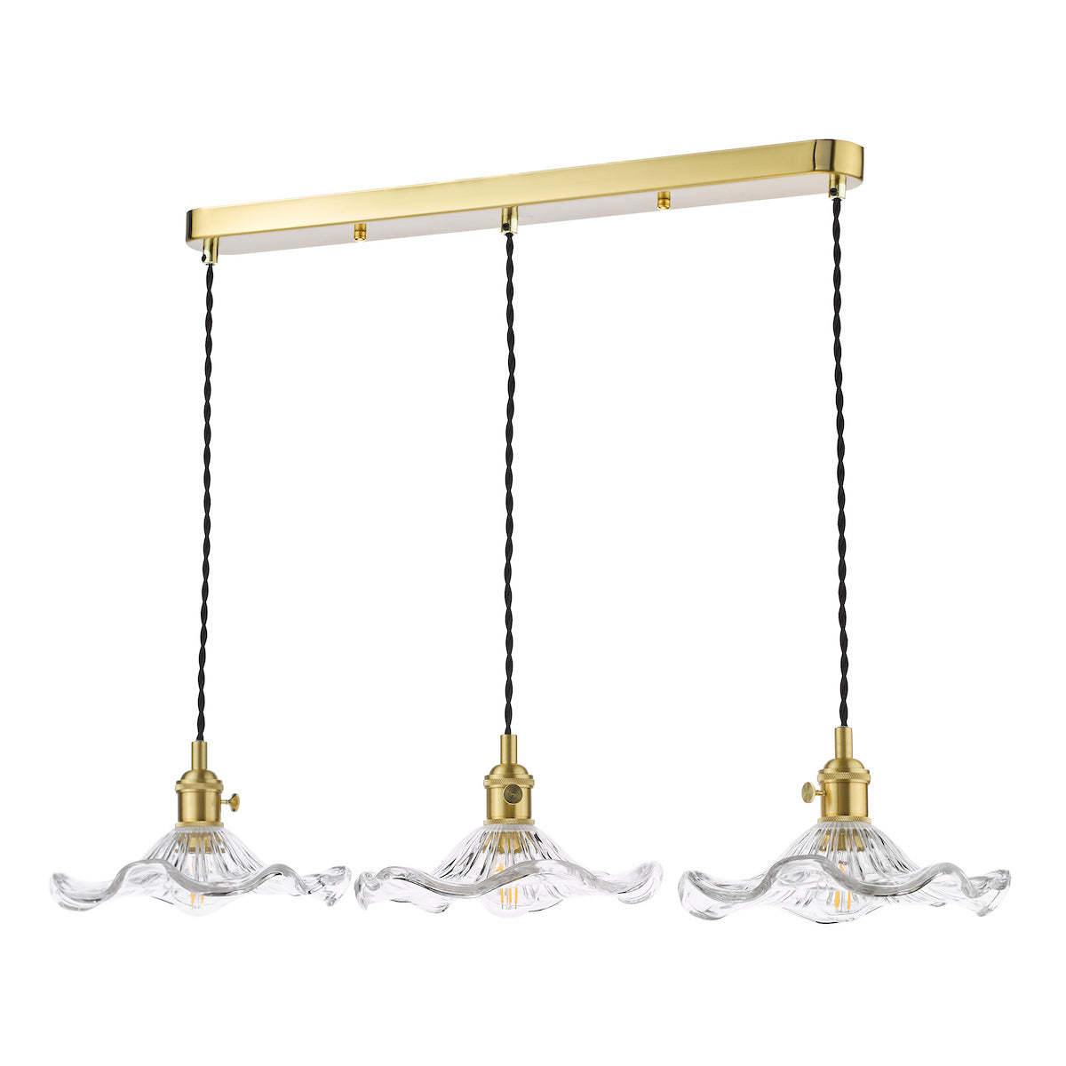 Dar Hadano 3 Light Bar Pendant Natural Brass and Wavy Glass