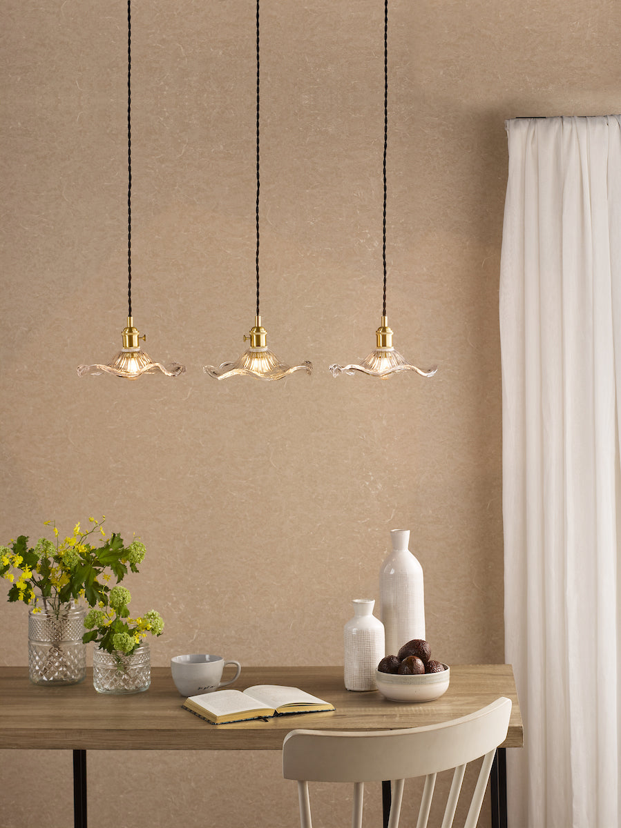 Dar Hadano 3 Light Bar Pendant Natural Brass and Wavy Glass