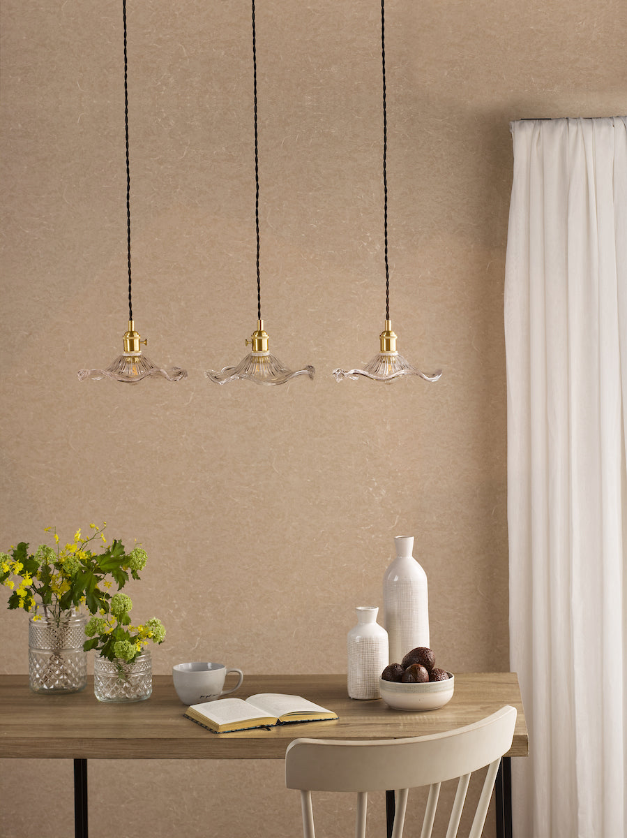 Dar Hadano 3 Light Bar Pendant Natural Brass and Wavy Glass