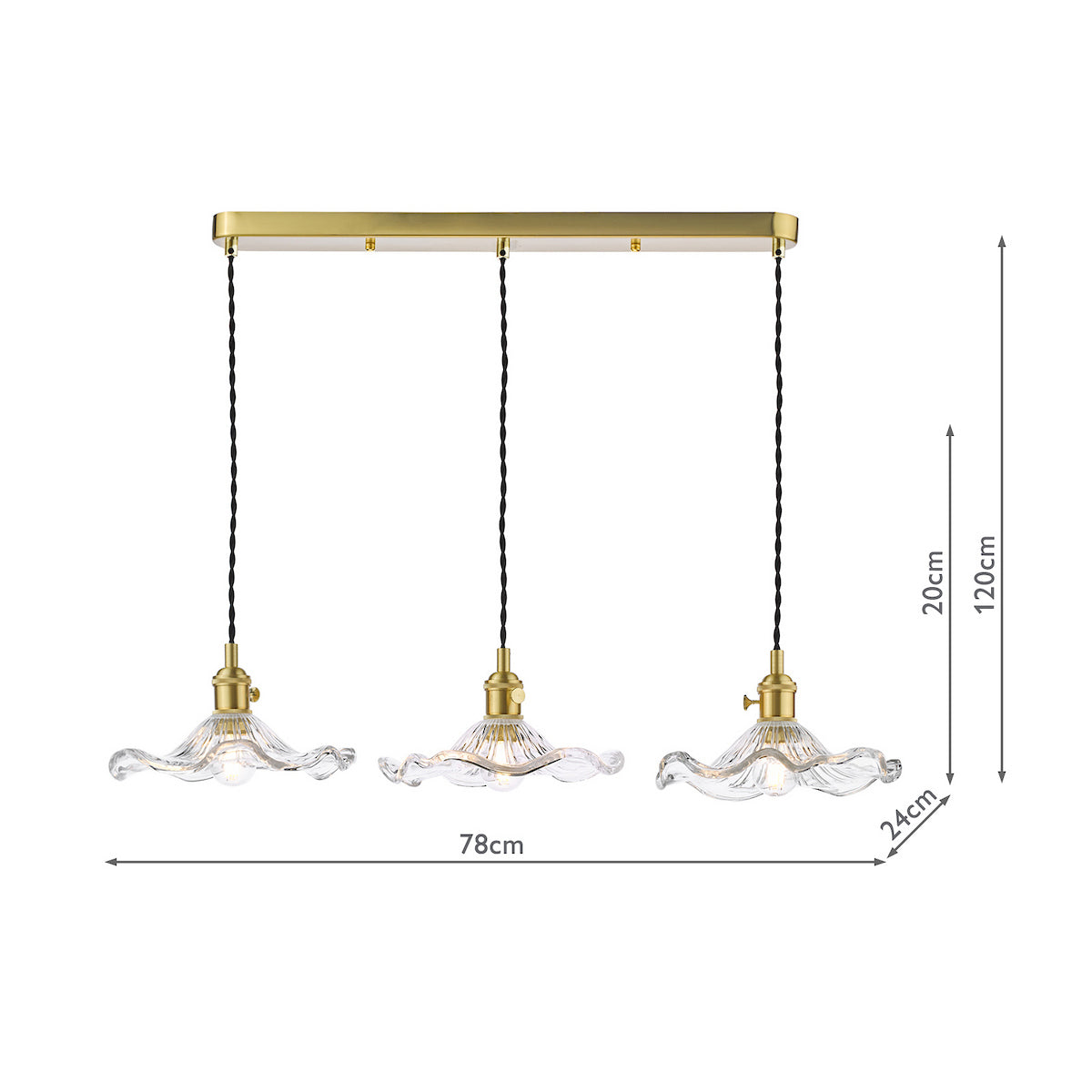 Dar Hadano 3 Light Bar Pendant Natural Brass and Wavy Glass