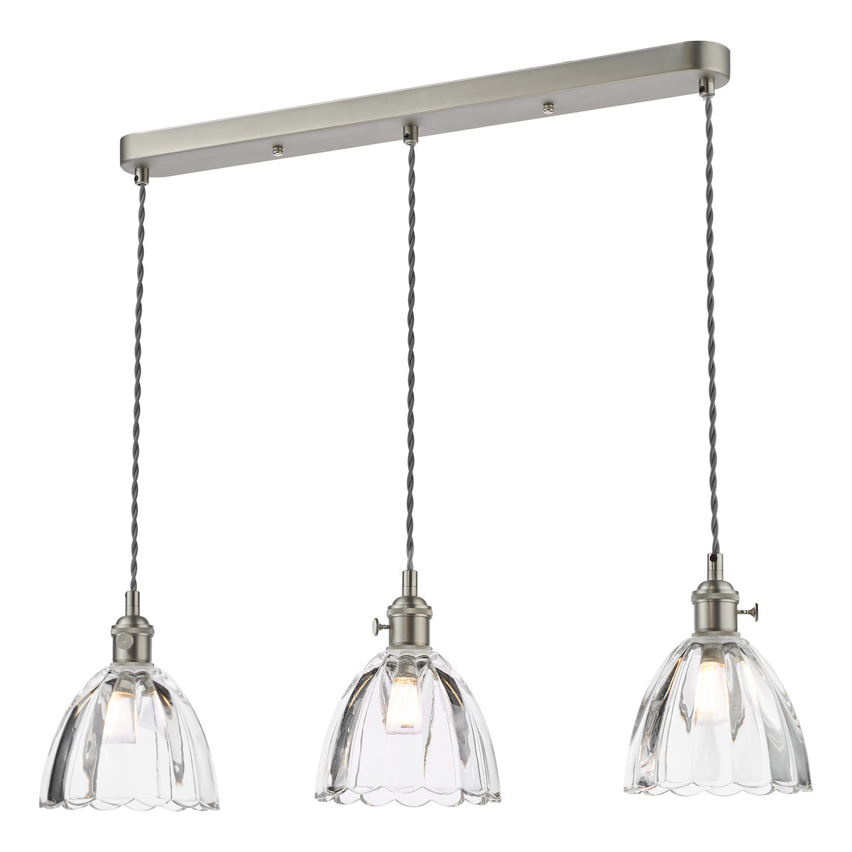 Dar Hadano 3 Light Bar Pendant Antique Chrome and Scalloped Bell Glass